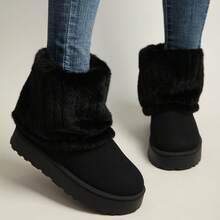 Fuzzy Fold Cuff Platform Boots For Women, Warm Winter Slippers Casual Summer Shoes Multi Tone Beach Essentials - Black - View 4