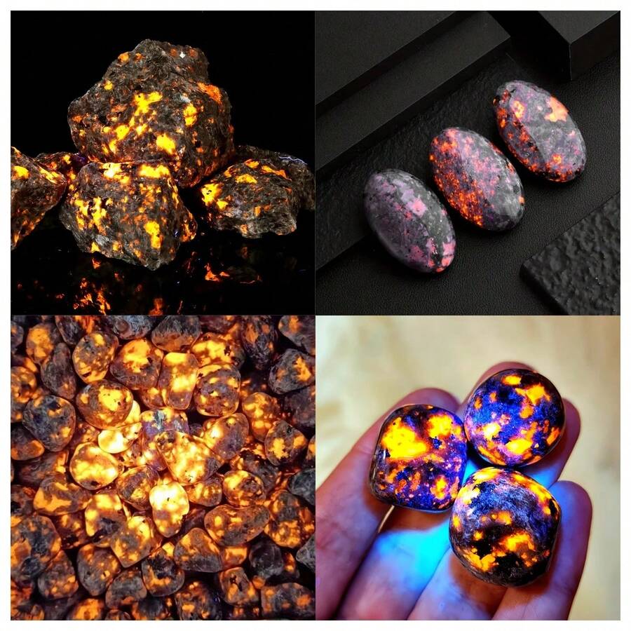 Natural Yooperlite Flame Stone Raw Rough Tumbled Palm Stone Chips Gravel UV Fluorescent Fire Rock Mineral Specimen Aquarium Vase Filling Desktop Decor - Multicolor - View 1