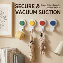 KOEMO 4 Hooks, Vacuum Suction Cup Hooks, Strong Traceless Hooks, No‑Drilling Design, Reusable And Detachable, Stable Load‑Bearing And Not Easy To Fall Off. Multifunctional Storage And Decorative Hooks, Suitable For Smooth Walls In Bathrooms And Bedrooms. - Yellow/Green/Red/Blue (4 Color Hooks) + Air Pump *1 - View 7