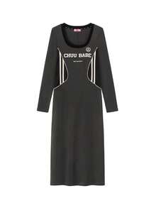 CHUU Letter Print Dress Women Autumn Niche Colorblock Patchwork Slit Long Sleeve Dress - Dark Grey - View 9