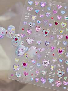 1 Sheet Crystal Diamond Embossed Multi-Color Heart Nail Art Stickers, Macaron Polka Dot Outlined Cursive English Self-Adhesive Stickers, Cute Sweet Style Daily Nail Decorations - Multicolor - View 2