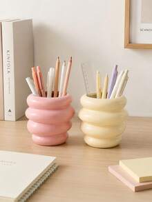 1pc Spiral Pen Holder, Donut Bubble Shape Desktop Stationery Storage Tube, Pink And Creamy Yellow Makeup Brush Storage Cup, Fashionable Stationery Rack Suitable For Office And Study Room, Cute Style Dressing Table Decoration And Dormitory Goodies - Multicolor - View 1