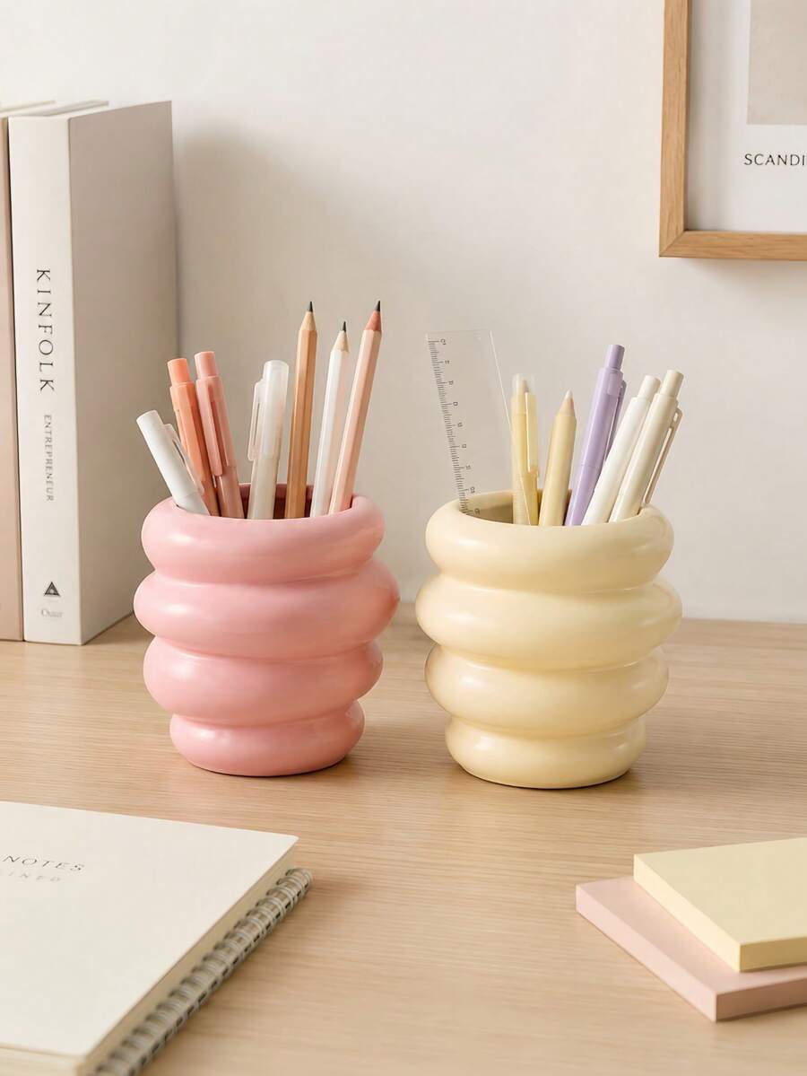 1pc Spiral Pen Holder, Donut Bubble Shape Desktop Stationery Storage Tube, Pink And Creamy Yellow Makeup Brush Storage Cup, Fashionable Stationery Rack Suitable For Office And Study Room, Cute Style Dressing Table Decoration And Dormitory Goodies - Multicolor - View 1