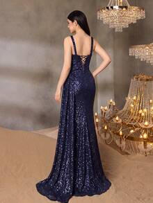 ALISA&LEO Charming Wide Strap Sparkling Evening Gown, Suitable For Teenagers, Featuring Cinched Waist And Thigh Slit, Mermaid Style Formal Dress, Perfect For Prom, Graduation Ball, Pageant And Formal Events - Navy Blue - View 2