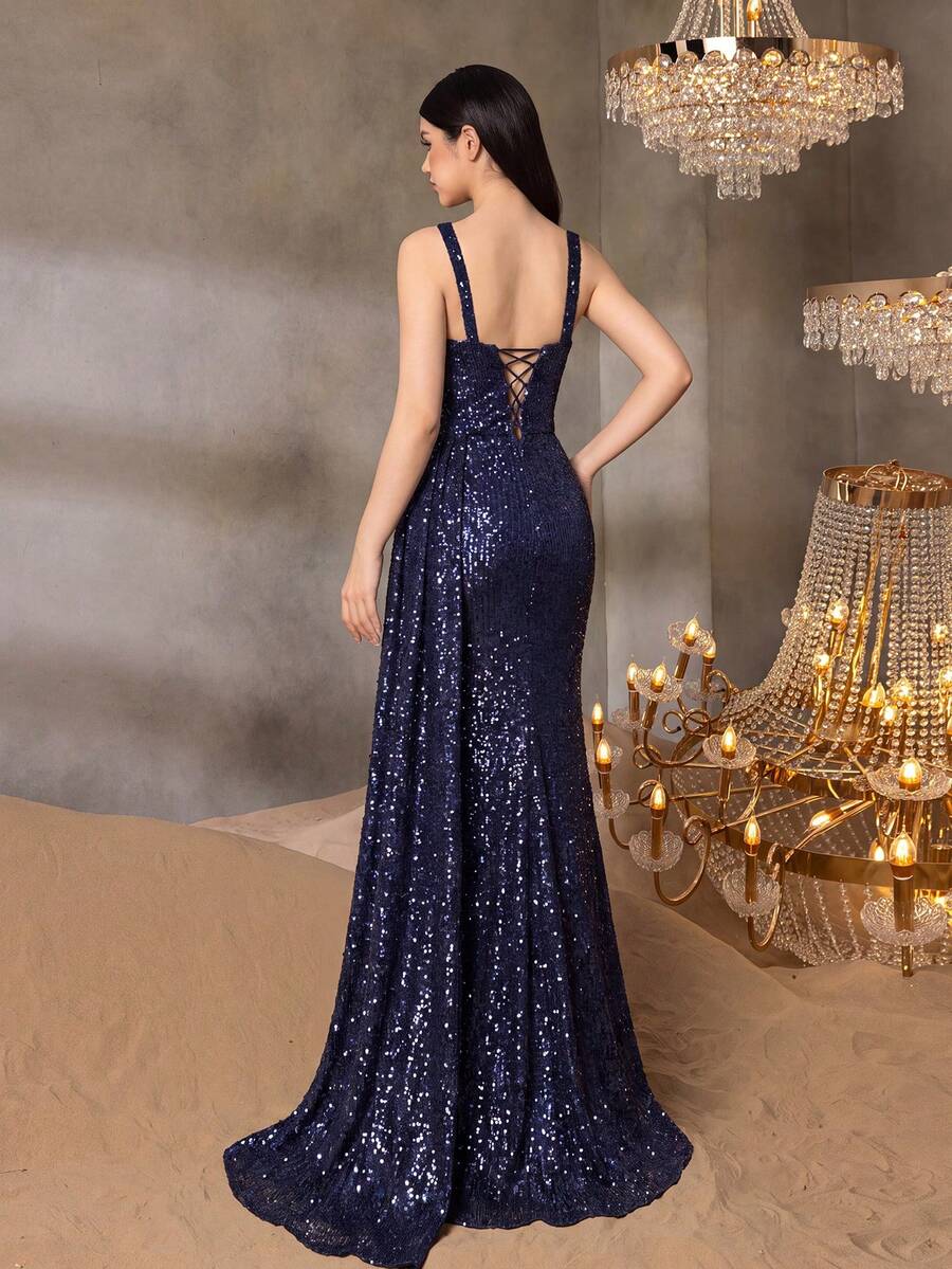 ALISA&LEO Encantador vestido de noche con tirantes anchos y brillantes, adecuado para adolescentes, con cintura ceñida y abertura en el muslo, vestido formal estilo sirena, perfecto para baile de graduación, baile de graduación, concurso de belleza y eventos formales - Azul Marino - Ver 1