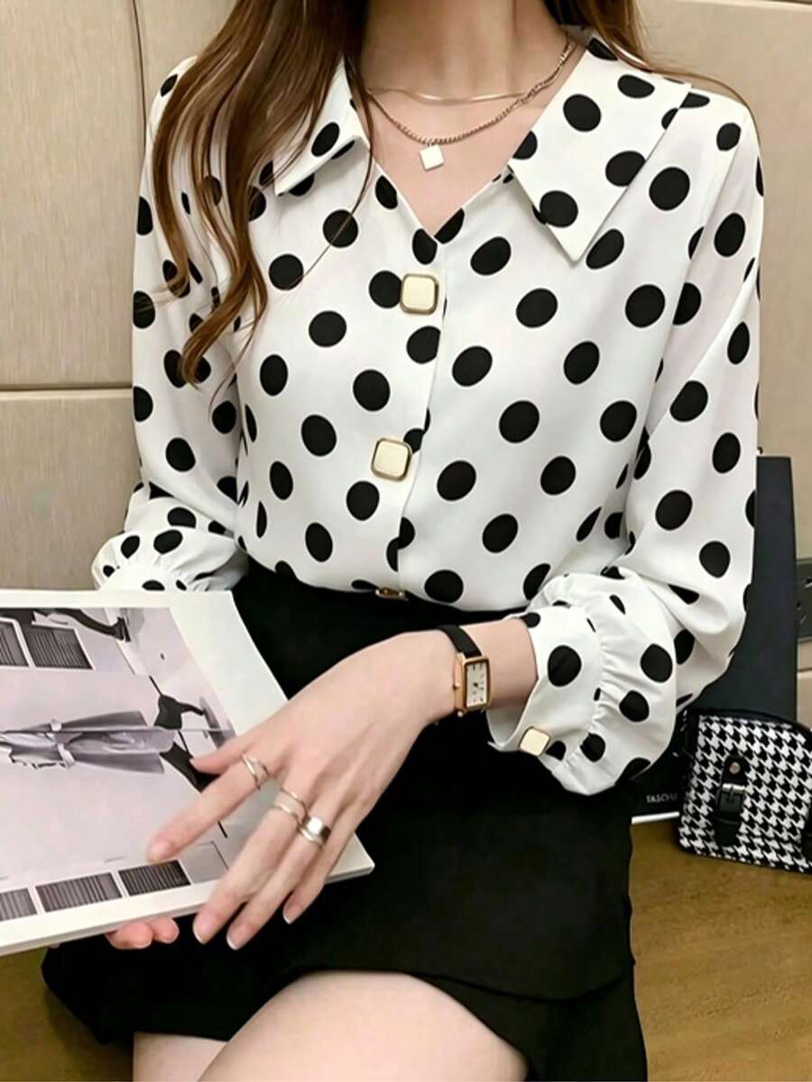 女款波點圖案時尚長袖設計成熟港風緞面襯衫