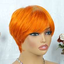 AMECIRE New Short Orange Human Hair Pix Cut Wig With Bang For Women Layered Short Straight Bob Wigs Natural Looking Soft Human Hair Perfect For Daily Wear Party Elegant Wigs - S350 - View 7