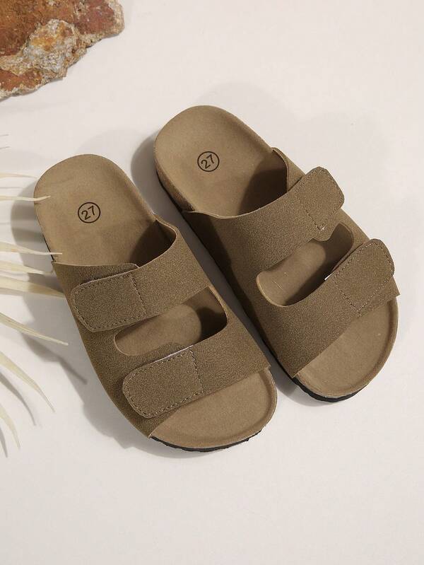 1 Pair Khaki Matte Finish Double Hook & Loop Kids Fashion Slippers Flat Bottom Lightweight Adjustable