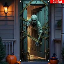 1 pieza Pancarta de puerta de casa de madera rota abierta con fantasma zombi de Halloween, patrón de fantasma de pelo largo y dientes afilados, decoración de fiesta de Halloween, cortina de puerta para interiores y exteriores, víspera de Todos los Santos, celebración festiva. - A - Ver 6