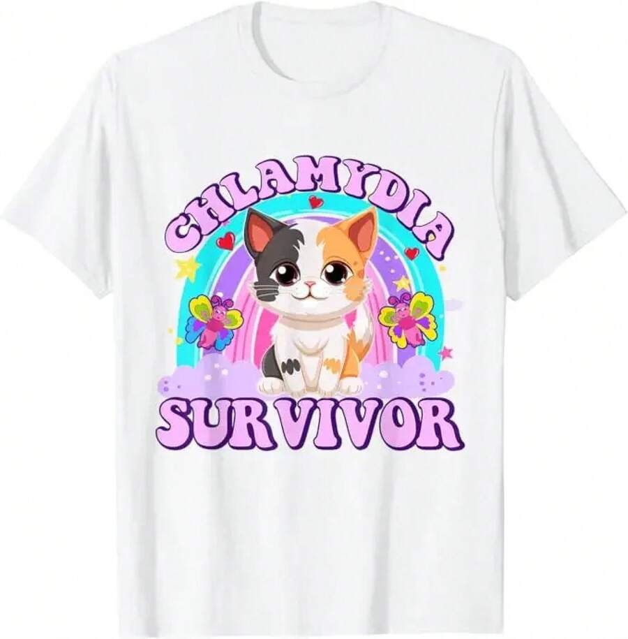 Chlamydia Survivor Cat Expression T-Shirt For Womenadult Humorous T-Shirt With Unique Cat Patterns, Cat Lo,Daily Outfit For Women,Perfect Gift For Her - White - View 1
