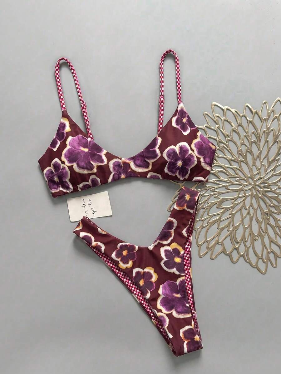 Lucky Girl 夏季女款海灘度假可正反穿多色格紋與花卉印花後綁帶兩件式比基尼套裝 - 紅酒花 - 查看 1