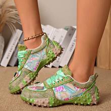Women's Thick Sole Rhinestone Chunky Sneakers, Spring/Autumn New Full Rhinestone Breathable Heavy-Duty Street Style Mesh Inlaid Rhinestone Niche Design Height-Increasing Fashion Sports Casual Shoes - Green - View 4