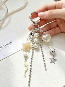 1pc INS Style Five-Pointed Star Keychain With Pearl Heart And Star Bag Charm Accessory - Multicolor - View 4