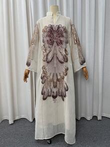 亮片刺繡 Abaya 長袍,立領長袖端莊 Kaftan,杜拜奢華版齋月晚宴禮服長袍,適合開齋節、齋月、婚禮派對 - 杏色 - 查看 6
