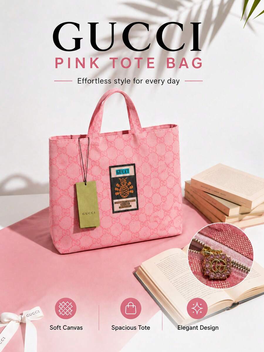 Gucci Pink Tote Bag 38*59cm, Canvas Fabric, Durable And Practical, Large Capacity For Commuting And Travel, Exquisite And Versatile Gift Box