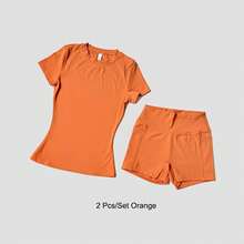 Women's Sports Yoga Set Seamless Knitted Fitness Gym Clothes Sportswear Short Sleeve Crop Top Tracksuits Gym Short Leggings - Pink - View 5