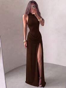 Solid Color Elegant Ruffled Hem Zipper Maxi Dress, Beach - Brown - View 1