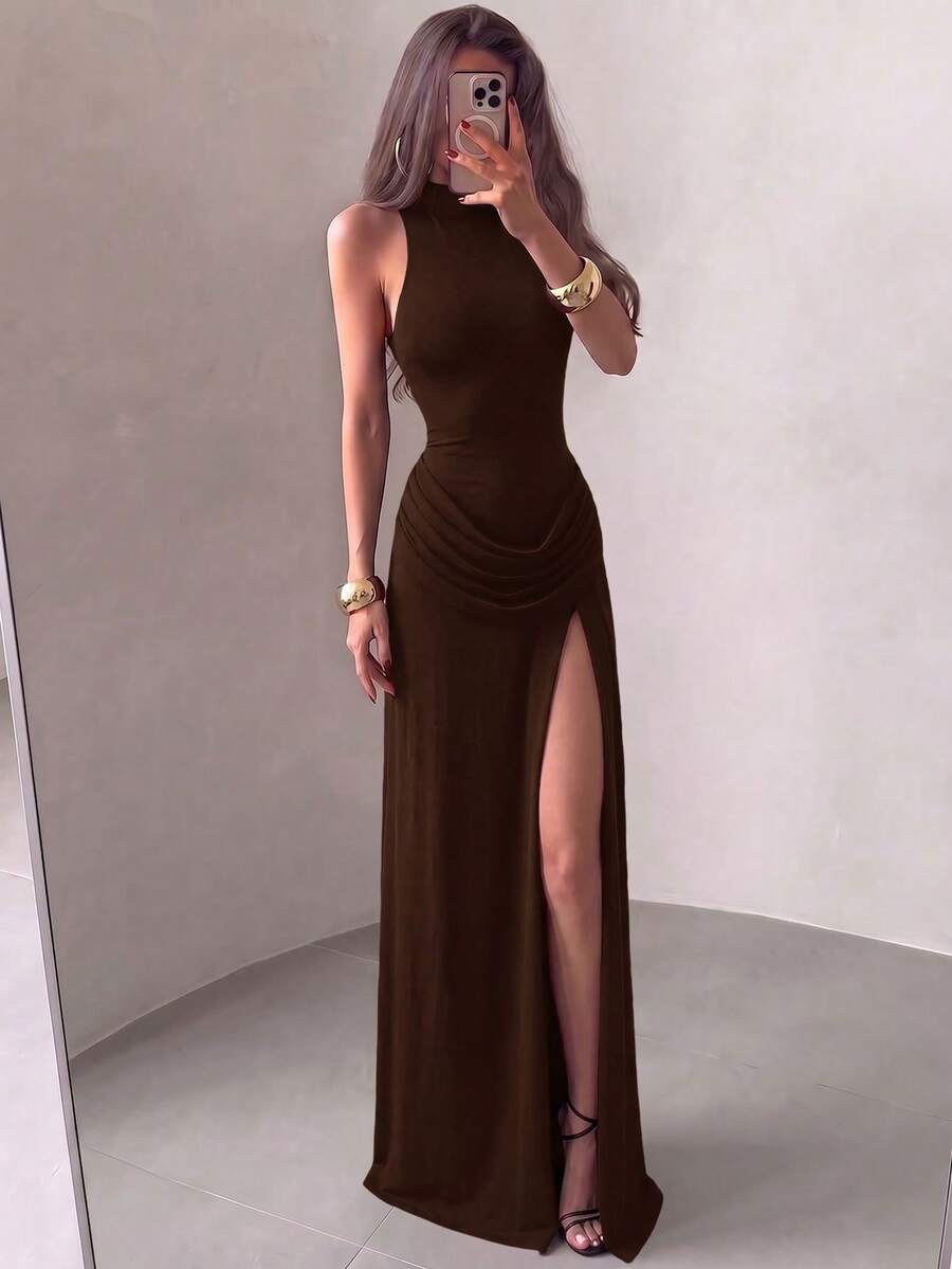 Solid Color Elegant Ruffled Hem Zipper Maxi Dress, Beach - Brown - View 1