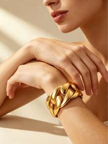 VceTd 1PC Women's Vintage Style Stainless Steel Open Cuff Bracelet With Large Chain Link Twisted Hollow Design, Suitable For Daily Wear, Vacation Or Holiday Gift For Friends - Yellow Gold - View 4