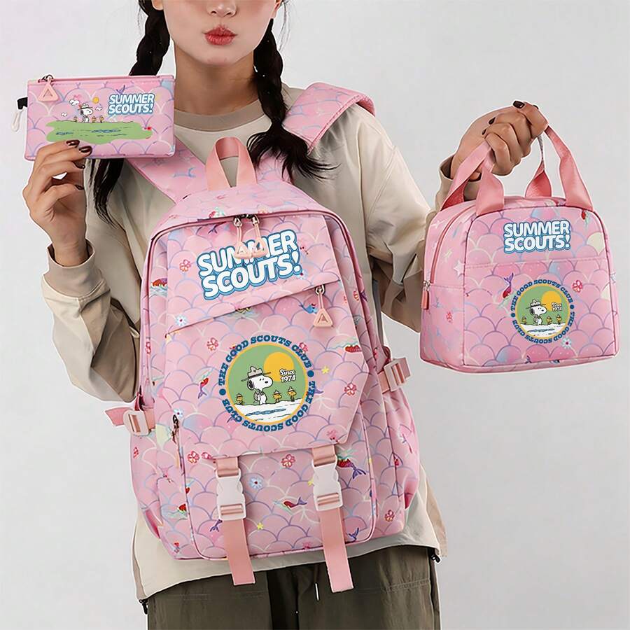 Miniso Pink Mermaid Scale Snoopy Summer Scouts Print 3Pcs Backpack Set Lightweight Multi Compartment Adjustable Wide Strap Student School Bag Handheld Mini B - Pink - View 1