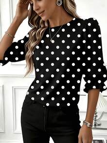 Plus Size Women Polka Dot Contrast Color Casual Round Neck Long Sleeve Top For Vacation Daily Commute - Black - View 3