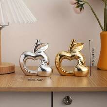 1pc Luxury Metallic Ceramic Hollow Heart Apple Statue Ornament, Ceramic Material, Glossy Surface, Luxury Home Decor, Creative Apple Design, Living Room Desktop Entryway Decoration Small Ornament - A - View 10