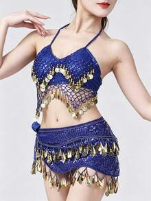 Women's Belly Dance & Style Costume (Bra + Waist Chain), Fringed Dance Top, Slit Skirt, Wrap-Around Skirt, Bohemian, Retro, Sari-Inspired Design,Hip Wrapped Skirt, Dance Skirt, Bohemian, Retro Style, Saree Sari Inspiration. - Multicolor - View 15