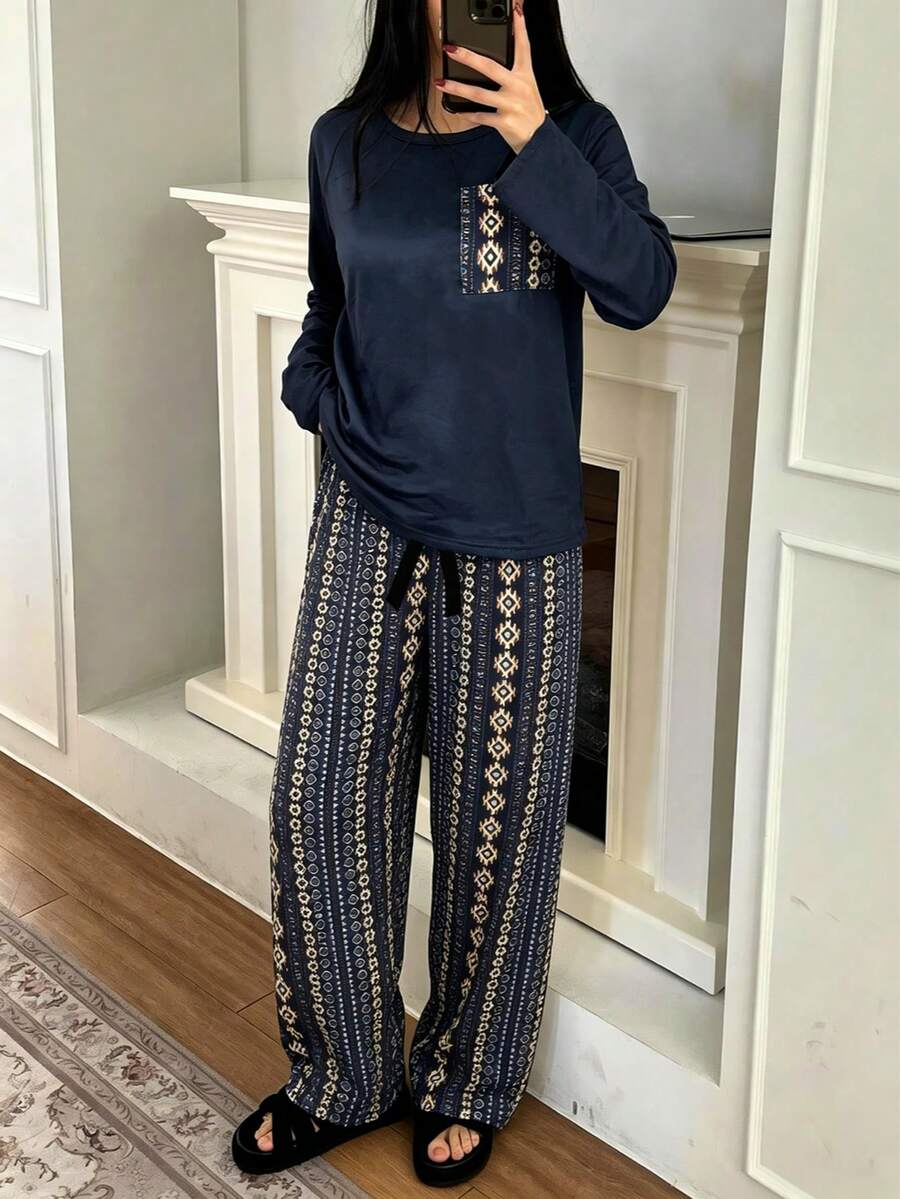 女款睡衣套裝,舒適柔軟睡衣套裝,適合秋冬穿著 - 寶藍色 - 查看 1