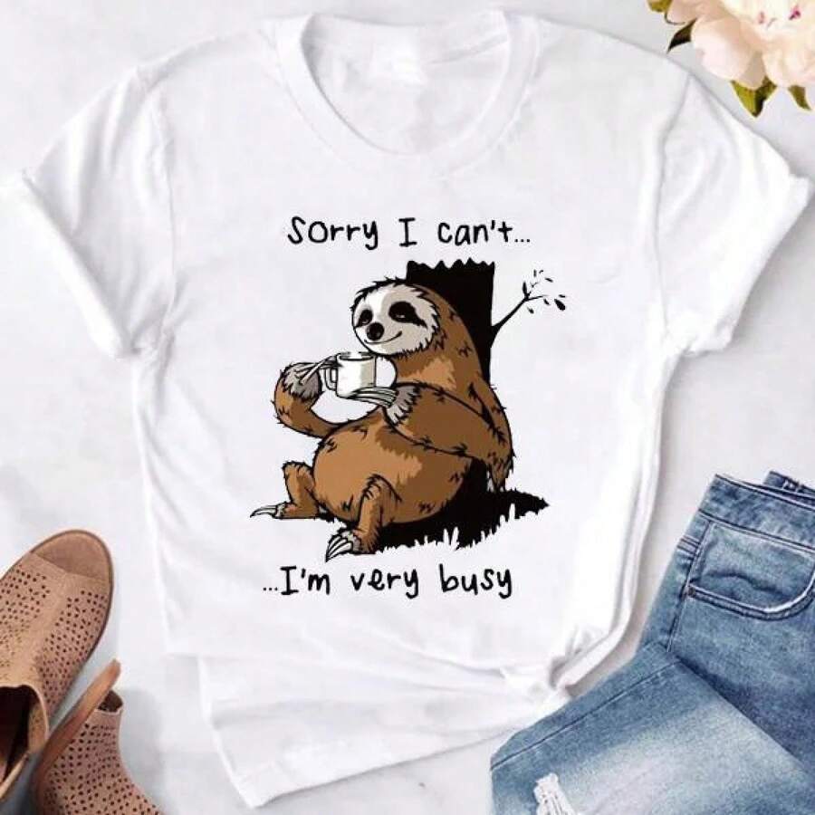 Sloth "Sorry, I'm Too Busy" Women's T-Shirt, Printed T-Shirt, Short Sleeves, Round Neck Cute Summer Graphi,Daily Outfit For Women,Perfect Gift For Her - QL7524A - White - View 1
