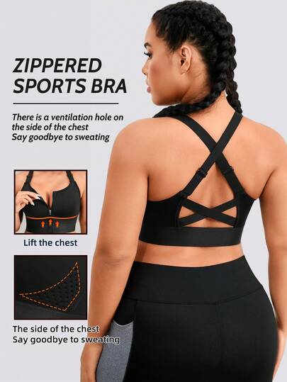 1pc Front Zipper Criss-Cross Back Sports Bra, Perforated Design, Wire-Free, Lift & Anti-Sag, Adjustable Straps, Tank-Style Innerwear For Home, Sleep, Yoga, Fitness, All Seasons