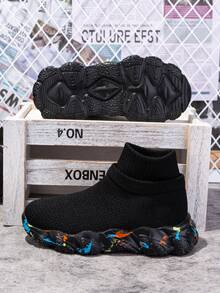 1 Pair Kids Colorful Sole High-Top Socks Shoes, Elastic Soft Bottom Outdoor Sports Shoes - Black - View 8