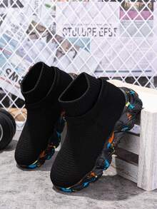 1 Pair Kids Colorful Sole High-Top Socks Shoes, Elastic Soft Bottom Outdoor Sports Shoes - Black - View 10