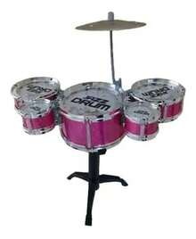 Bateria Acústica Mini Brinquedo Infantil Com 5 Tambores - Rosa - Visão 2
