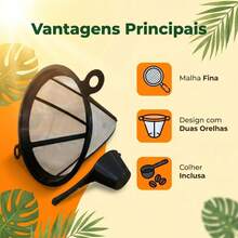 Filtro De Café Cônico Reutilizável Em Aço Inoxidável Com Colher Medidora Sem Resíduos Para Café Coado Manual - Preto - Visão 4