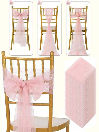 2/4PCS Elegant Pink Chiffon Pearl Chair Set Bohemian Style Corridor Wedding Chair Back Decoration Church Banquet Ceremony Reception Chair Photography Props Birthday Party Outdoor Home Decoration