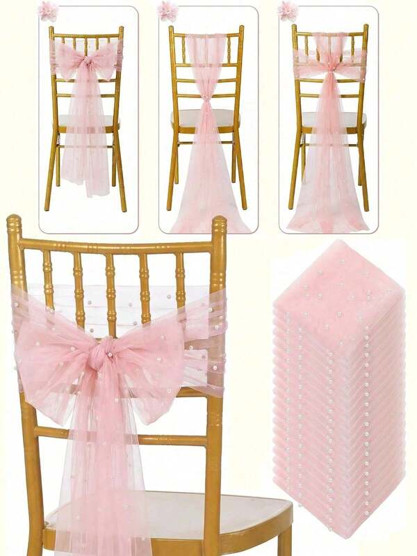 2/4 Stücke elegante rosa Chiffon Perlen Stuhlset, böhmischer Stil, Flur Hochzeitsstuhl Rücken Dekoration, Kirche Bankett Zeremonie Empfang Stuhl Fotografie Requisiten, Geburtstagsfeier, Outdoor Heimdekoration