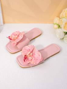 1 Pasang Sandal Anak Perempuan Motif Bunga Merah Muda, Anti Selip, Tahan Aus, Ujung Persegi, Model Rendah, Sol Datar Terbuka, Gaya Segar dan Manis, Cocok untuk Musim Semi/Panas, Pantai, Aktivitas Luar Ruangan, dan di Rumah - Berwarna merah muda - View 6