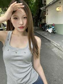 性感春夏U領細肩帶背心上衣，修身剪裁，無袖針織休閒上衣 - 灰色 - 查看 2