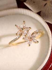 1pc Gold Double Flower Full Cubic Zirconia Ring, Sparkling Marquise Cut Gemstone Jewelry, Suitable For Women's Wedding Party Wear And Gift - Gold - View 2