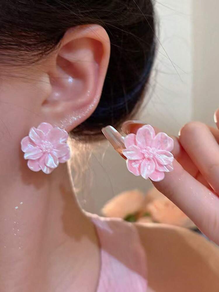1 Pair Fashionable Minimalist Pink Sweet Gentle Faux Pearl Flower Stud Earrings, Suitable For Teenage Girls Daily And Holiday Wear - Pearl Flowers - View 2