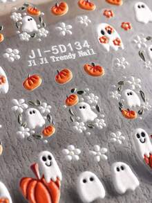 5D Embossed Clear Base Halloween Nail Stickers, Cute Ghost Pumpkin Skull Bat Spider Floral Self-Adhesive Nail Art Decals, Spooky Gothic Manicure Decorations For Halloween Party DIY Nail Supplies For Women Girls Acrylic Nails - Multicolor - View 8
