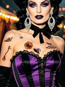 4pcs Purple Gothic Halloween Temporary Tattoo Sticker Set, Scary Witch, Skull, Bat & Crystal Tattoo Stickers, Waterproof Temporary Tattoos For Halloween Party & Cosplay - Multicolor - View 5
