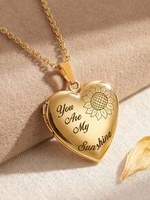 Heart Locket Necklace For Women, Sunflower Pendant "You Are My Sunshine" Engraved Jewelry, Stainless Steel Inspirational Love Gift Necklace For Her - Gold - View 2