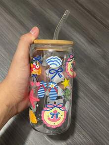 贝壳蝴蝶结海洋系列冰咖啡抹茶玻璃吸管杯，一套包含盖子和吸管，夏季冷饮玻璃吸管杯，果汁饮料吸管杯，搭配粉色蝴蝶结少女风吸管杯 - 彩色 - 查看 9