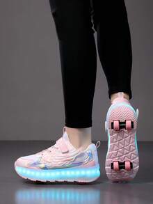 女童 LED 充電發光輪滑鞋，兒童多功能可變形輪滑鞋，可拆卸輪子，適合四季穿著 - 粉色 - 查看 7