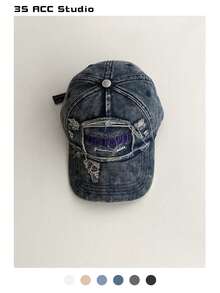 Vintage Letter Embroidered Baseball Cap, Retro Embroidery Y2K Style Versatile Baseball Cap, American Vintage Heavy Duty Distressed Baseball Cap For Women, Personalized Versatile Brand Cross Embroidery Baseball Cap For Men, Face-Slimming Soft Top Baseball Cap For Women, American Cross Sun Protection Hat, Washed Distressed Versatile Baseball Cap - Multicolor - View 13