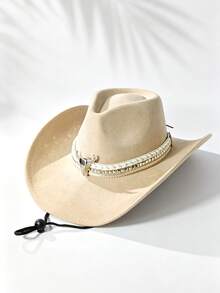 Unisex Vintage Western Cowboy Hat, Suede Wide Brim Rider Hat, With Adjustable Windproof Chin Strap, Metal Decoration, Suitable For Outdoor, Sun, Perfect Gift For Halloween, Thanksgiving, Christmas, Country Music Concert, Rodeo And Beach Vacation - Suede Cowboy Hat - View 5
