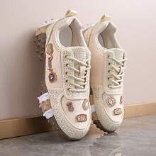 Women's Thick Sole Rhinestone Chunky Sneakers, Spring/Autumn New Style, Full Rhinestone Decor, Breathable Heavy-Duty Street Style Mesh Inlaid Rhinestone Niche Design Height-Increasing Fashion Sports Casual Shoes - Khaki - View 2