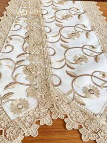 HXARTMIS 1PC Elegant Lace Trim Embroidered Table Runner, White Background With Gold Floral Pattern Tablecloth, Washable Decorative Table Runner, Suitable For Kitchen, Dining Room, Entryway Cabinet, Western Country Style Home Tabletop Decor - milk coffee color - View 7
