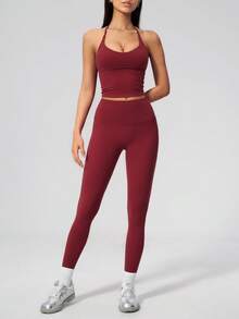 NcmRyu Women's One Set Solid Color Halter Tie U-Neck Backless Cropped Tank Top High Waist Ankle Pants Sports Set - Red - View 5